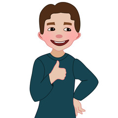 A brown-haired cartoon boy dressed in blue jumper smiling and showing a thumbs up gesture, color illustration on a white background