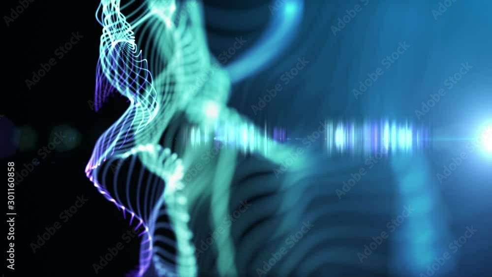 Poster Lines structure waving with animated lights structure over it. Blue abstract technology and engineering motion background. Depth of field. 3D rendering