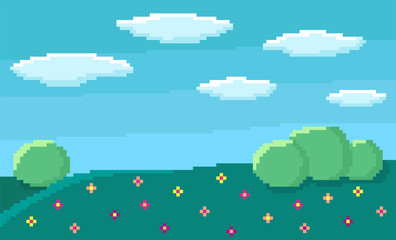 Pixel art game background with blue sky and clouds, green hills with bushes and flowers. 8-bit flat vector illustration. 