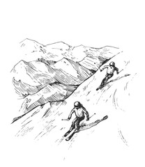 Sketch of mountains and skiers. Hand drawn illustration converted to vector