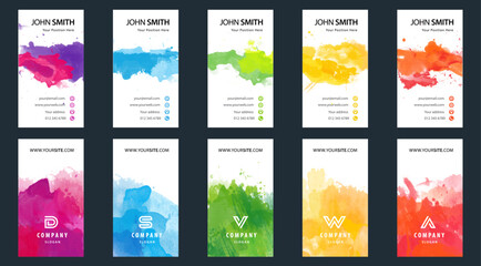 Big set of bright colorful vertical business card template with vector watercolor background