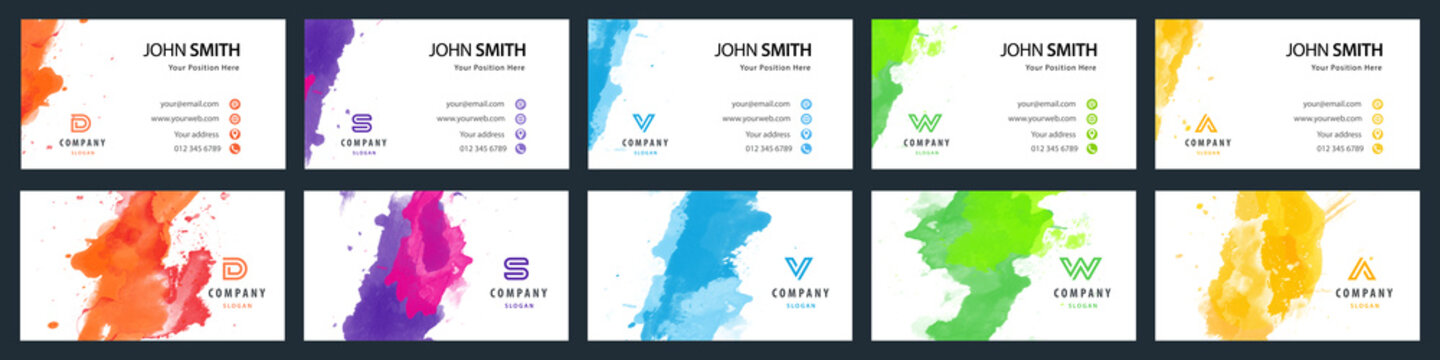 Big set of bright colorful business card template with vector watercolor background