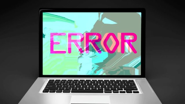 zoom in laptop with pink word ERROR on distorted pixelated animation on screen