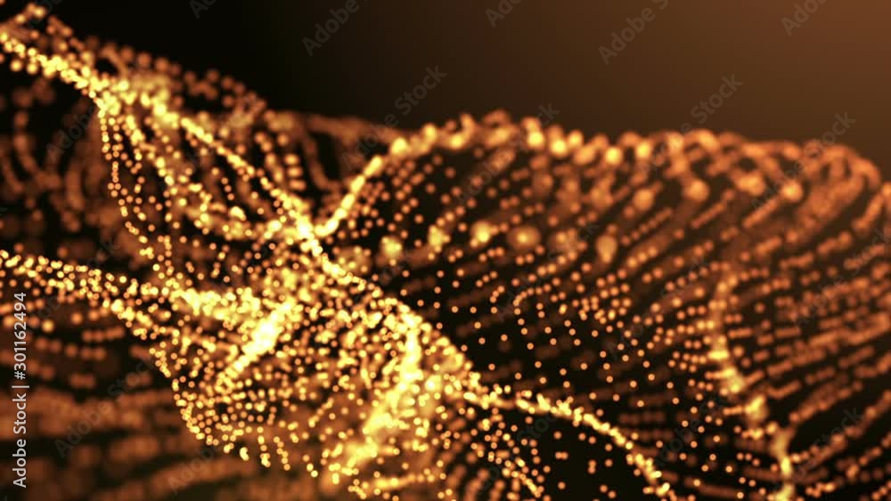 Poster golden particles cloud changing its shape, with camera changing its aperture - depth of field and fo