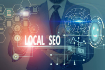 Obraz premium Writing note showing Local Seo. Business concept for helps businesses promote products and services to local customers Picture photo network scheme with modern smart device