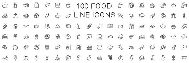 Fototapeta na wymiar 100 Line Food Icons Set Collection. Bakery, Seafood, Vegetables, Fruit, Coffee, Meat, Fastfood. Vector illustration eps10.