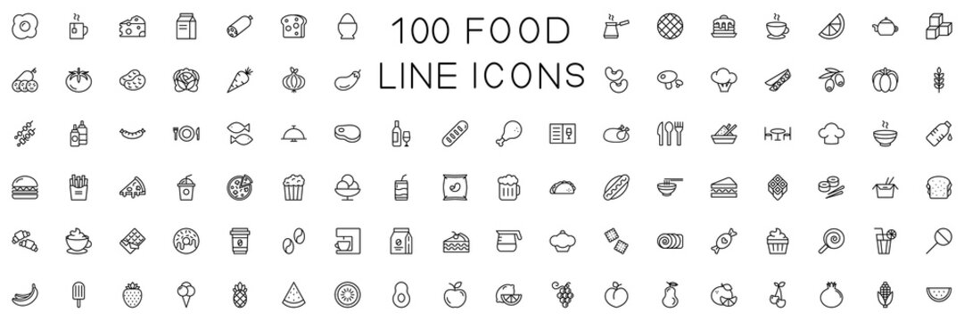 100 Line Food Icons Set Collection. Bakery, Seafood, Vegetables, Fruit, Coffee, Meat, Fastfood. Vector illustration eps10.