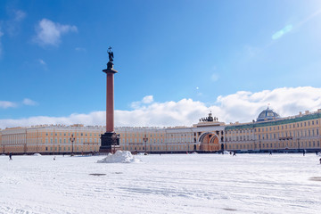 Fototapeta na wymiar General Staff Building and Alexandrian Column with an Angel on Palace Square at frosty snow winter day in St. Petersburg, Russia