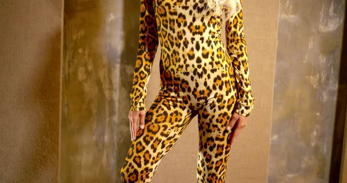 slender sexy female body dancing in slow motion in leopard print jumpsuit