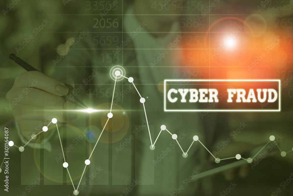 Aufkleber word writing text cyber fraud. business photo showcasing any crime that is committed with the use of