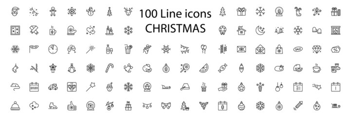 Naklejka na ściany i meble 100 New Year Christmas thile line icons set. Vector illustrations collection eps10.