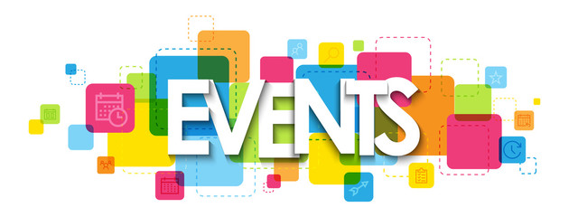 EVENTS typography banner on colorful squares with symbols