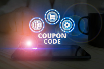Fototapeta premium Word writing text Coupon Code. Business photo showcasing ticket or document that can be redeemed for a financial discount