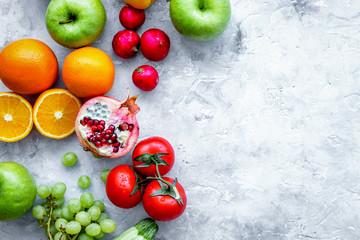 summer food with fresh fruits and vegetables top view space for text