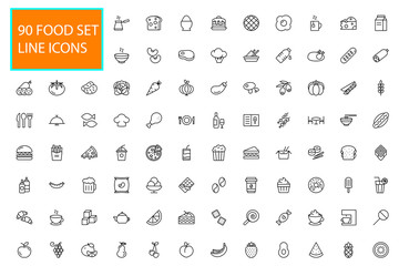 90 Line Food Icons Set Collection. Bakery, Seafood, Vegetables, Fruit, Coffee, Meat, Fastfood. Vector illustration eps10.