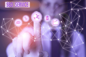 Word writing text Seo Service. Business photo showcasing techniques and procedures to increase the...