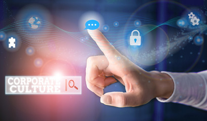 Conceptual hand writing showing Corporate Culture. Concept meaning pervasive values and attitudes...