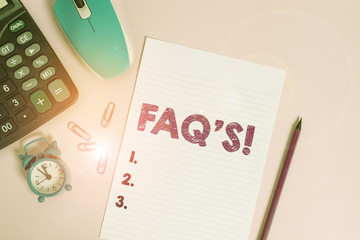 Word writing text Faq S. Business photo showcasing list of questions and answers relating to...