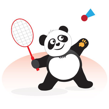 Panda plays a sports game with a racket. The panda bear plays badminton, beats a sports valan with a racket.