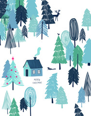 Christmas greeting card with house in the forest.