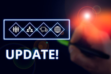 Conceptual hand writing showing UPDATE. Concept meaning make something more modern or up to date like software program Picture photo network scheme with modern smart device