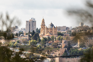 View of the Dormition Abbey from Monastery Carmel Pater Noster garden located on Mount Eleon - Mount of Olives in East Jerusalem in Israel