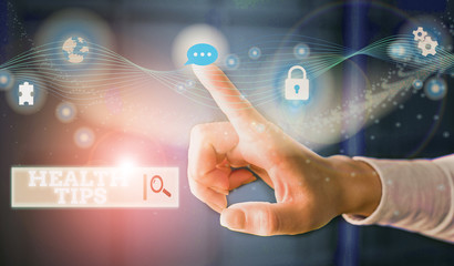 Conceptual hand writing showing Health Tips. Concept meaning advice or information given to be...