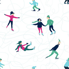 Winter seamless pattern with skating people.