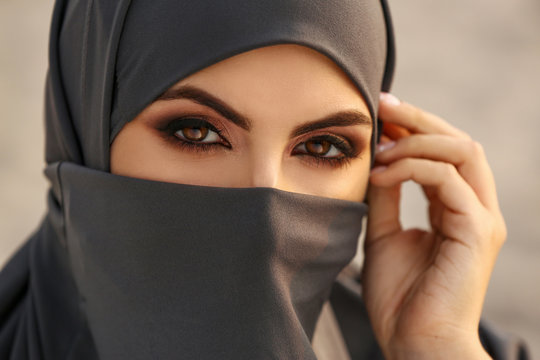 Portrait Of Beautiful Muslim Woman Outdoors, Closeup