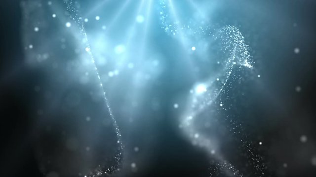 Elegant fantasy abstract science and spirituality motion background with particles in organic motion with rays from above. Depth of field settings. 3d rendering