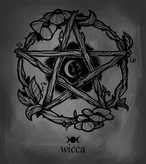 Wiccan element. Graphic pentagram with flowers and leaves. - obrazy, fototapety, plakaty