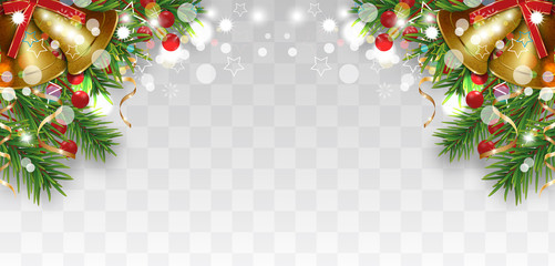 Christmas and Happy New Year decoration with Christmas tree branches, golden bells and holly berries, gold ribbons. Bright border on transparent background. Vector