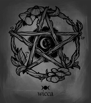 Wiccan element. Graphic pentagram with flowers and leaves.