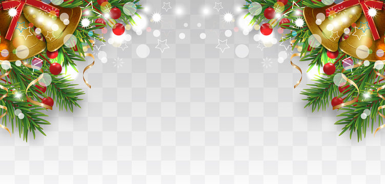 Christmas and Happy New Year decoration with Christmas tree branches, golden bells and holly berries, gold ribbons. Bright border on transparent background. Vector