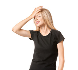 Stressed young woman on white background