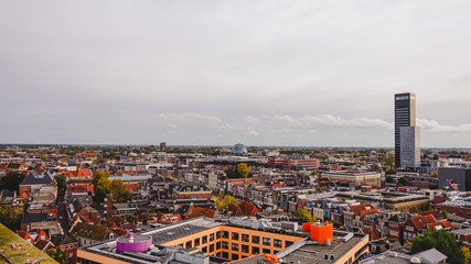 Leeuwarden the capital of the province of Friesland, Netherlands, aerial view from the famous leaning Oldehove tower