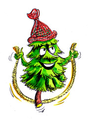 Christmas tree mascot with red cap jumps over jump rope