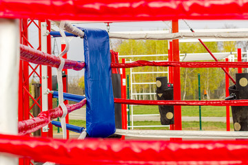 Boxing ring outdoors. Boxing lessons. Healthy lifestyle.