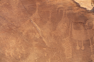 Detail of a part of the petroglyphs incised by the Fremont People in the sandstone rock face at Dinosaur National Monument, Utah