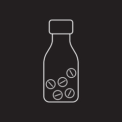 Pills or capsules in bottle line icon. Outline art vector illustration.