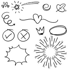 doodle set elements, black on white background. Arrow, heart, love, star, leaf, sun, light, flower, daisy, crown, king, queen,Swishes, swoops, emphasis ,swirl, heart.line art cartoon style vector