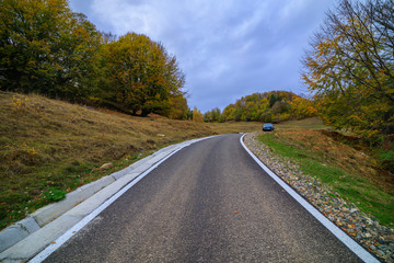 Fototapeta na wymiar mountain road during autumn on a cloudy day