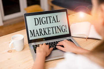 Word writing text Digital Marketing. Business photo showcasing market products or services using technologies on Internet woman laptop computer smartphone mug office supplies technological devices