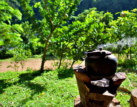 Old kettel boiled on the stove waiting for making coffee in the morning in Chiangmai, Thailand