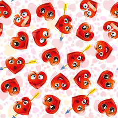 Seamless background with cartoon cute emoji hearts