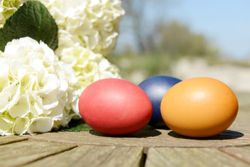 colorful easter eggs and flower lying on wooden table in the garden