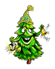 Christmas tree mascot with gold cap, lantern and golden bell