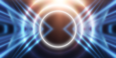 Dark abstract futuristic background. Neon lines and shapes. Neon glow and rays on a dark background. Empty dark scene background
