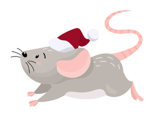Cute cartoon mouse running in a red christmas hat. New year 2020 design.