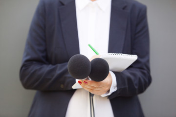 Journalist or TV reporter at media event, holding microphone and writing notes